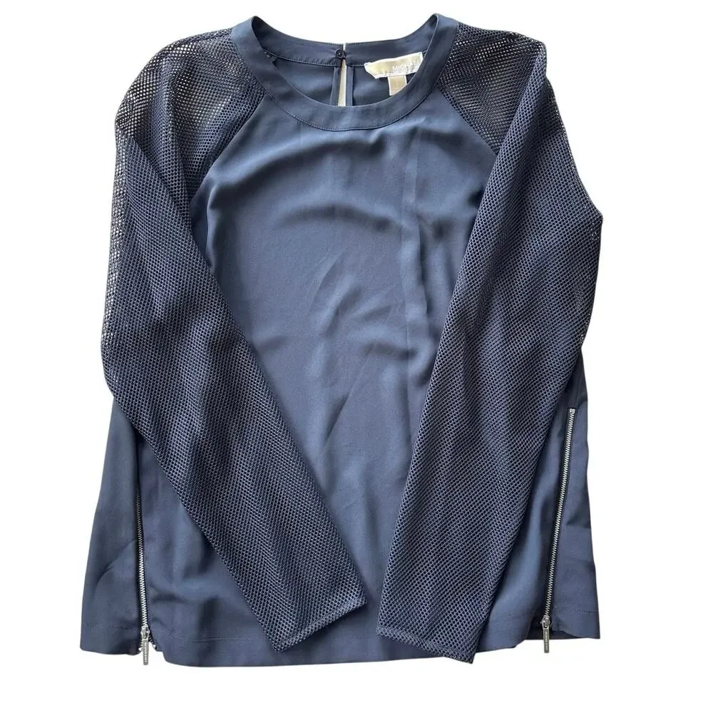 Michael Kors Mesh Sleeve Blouse Women's Large Navy Zip Side Long Sleeve NWT